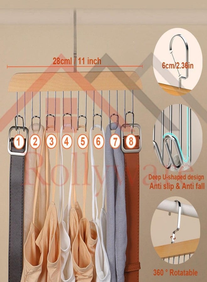 ROLLYWARE Wooden Belt Hanger for Closet with 8 Hooks, Sturdy Wooden Non-Slip Belt Holder for Wardrobe Space Saving Organizer Rotating Display Belt Rack for Bra Hat Tank Tops (Natural Wood, 1) - Image 2