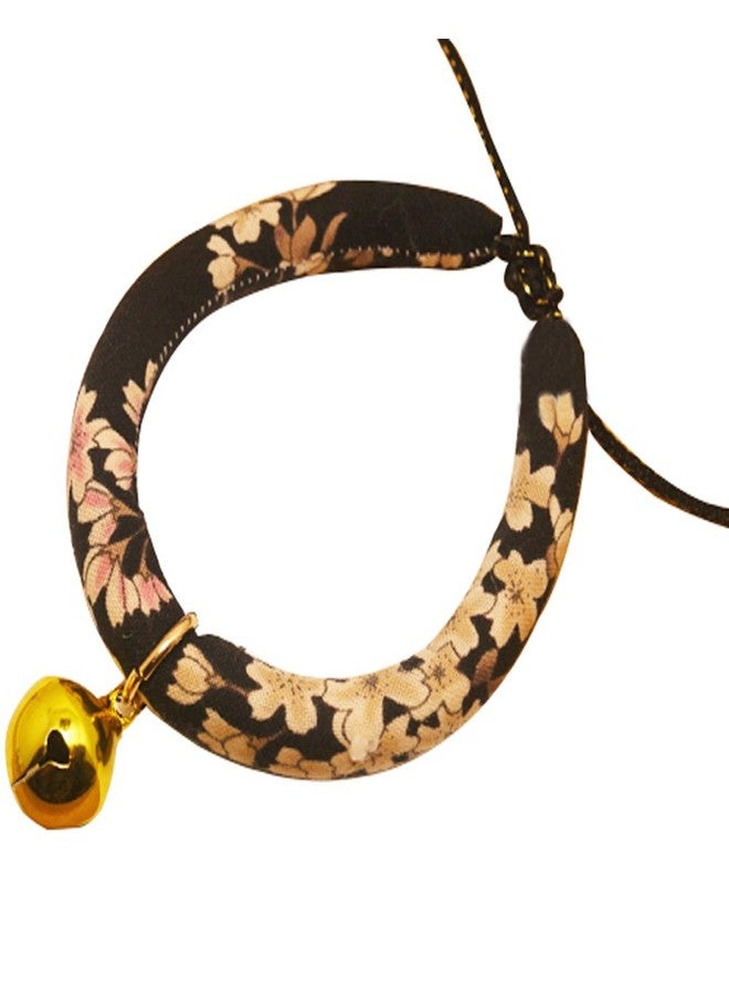 La La Pet Creation Core Japanese Style Flower Print Cat Collar with Golden Bell(Black Pink Flower,L) - Image 1