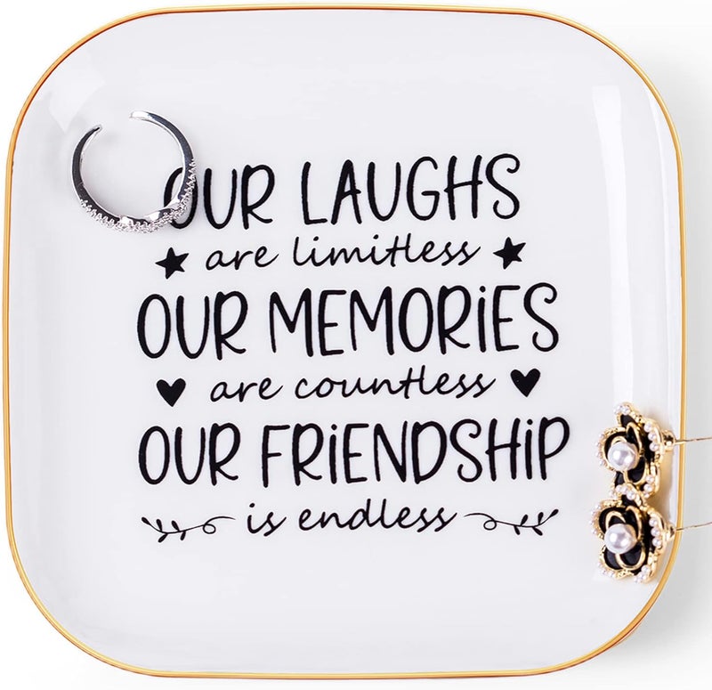 Piudee Friendship Gifts for Women Best Friend Jewelry Dish, Our Laughs are Limitless, Our Memories are Countless, Our Friendship is Endless Unique Gifts for Women, Female Friend Birthday Christmas - Image 1