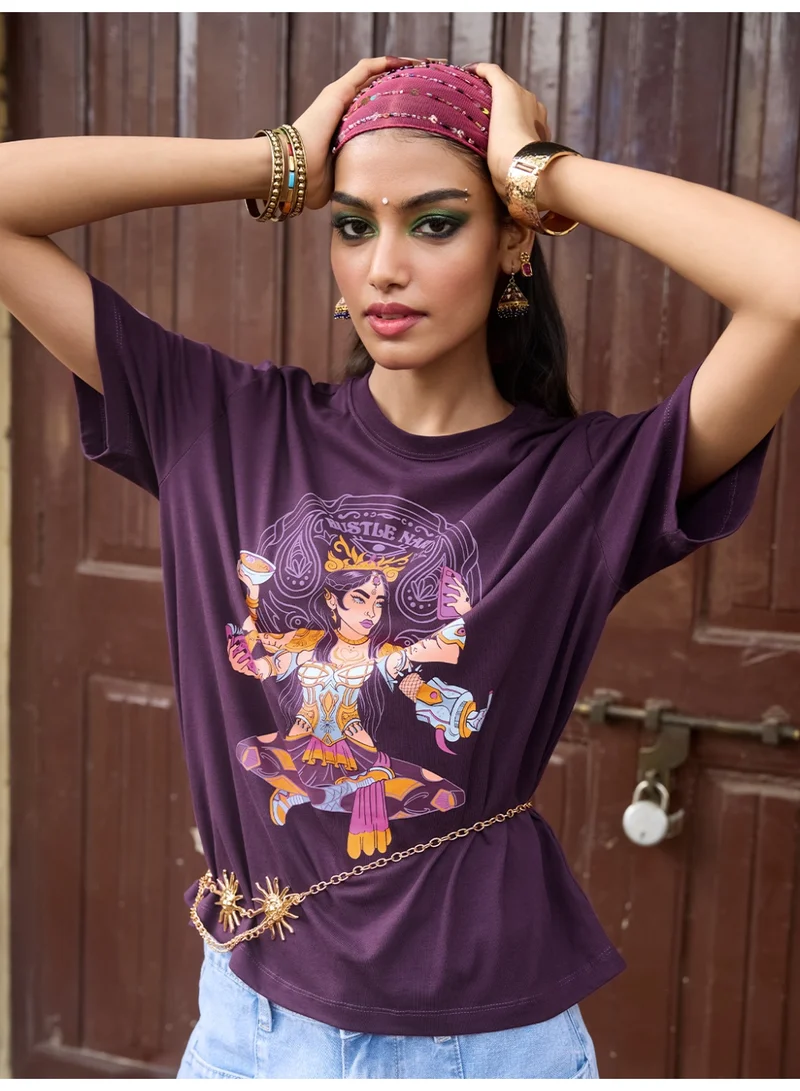 The Souled Store The Souled Store Hustle Nari: Women and Girls Short Sleeves Round Neck Graphic Printed Cotton Oversized Lightweight Everyday Streetwear T-Shirt