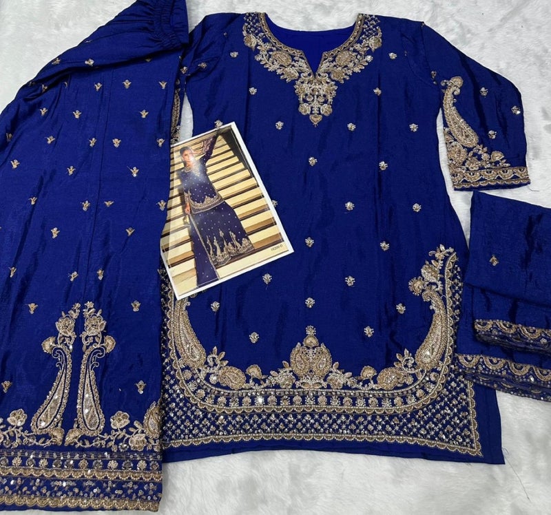 ANAITA D Blue Chinon Free Size Stitched Suit with Embroidery Beats Work - Image 3
