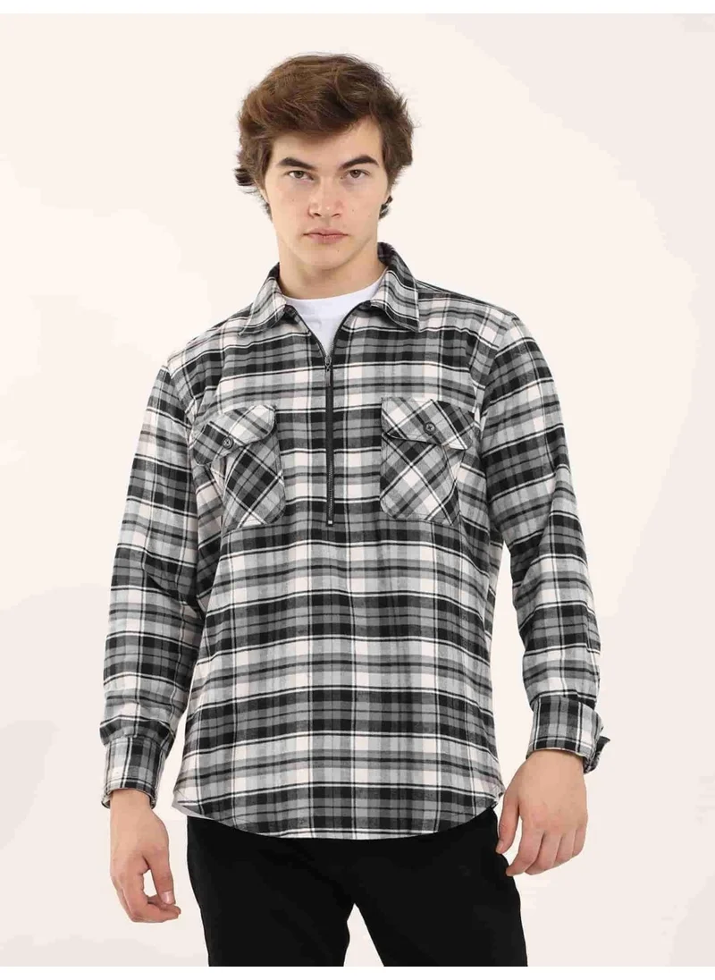 Dufy Grey-Black Men's Regular Fit Classic Collar Long Sleeve Shirt