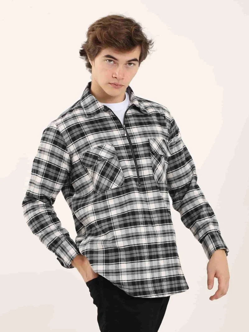 Dufy Grey-Black Men's Regular Fit Classic Collar Long Sleeve Shirt