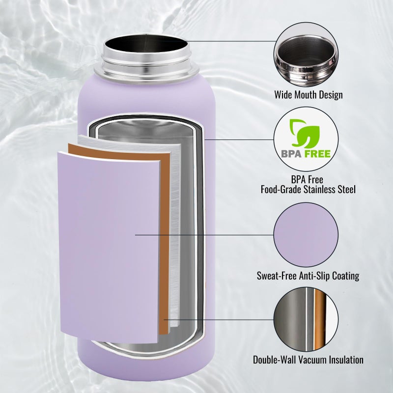 Fijinhom 32 oz Insulated Water Bottle with Handle, 304 Stainless Steel Water Bottles with Wide Mouth, Double Wall Vacuum Sports Water Bottle, BPA Free, Keep Cold and Hot, Purple - Image 2
