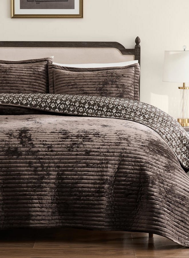 WDCOZY Velvet Queen Size Quilt Set - Chocolate Striped Soft Lightweight Bedspread, Dark Brown Neutral Channel Farmhouse Country Rustic Coverlet, Coffee Modern Bedding Warm Thin Comforter, 3 Pieces - Image 1