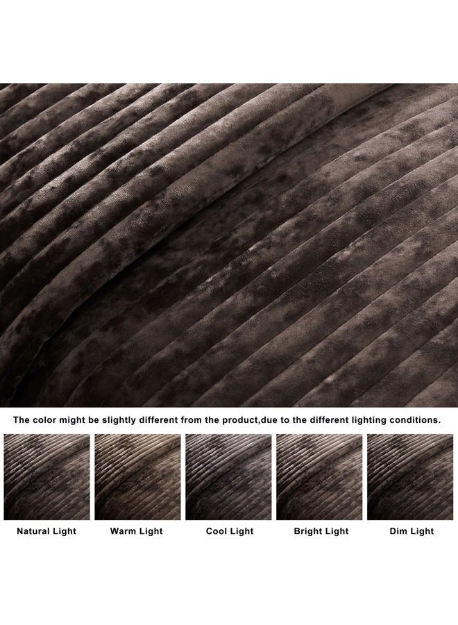 WDCOZY Velvet Queen Size Quilt Set - Chocolate Striped Soft Lightweight Bedspread, Dark Brown Neutral Channel Farmhouse Country Rustic Coverlet, Coffee Modern Bedding Warm Thin Comforter, 3 Pieces - Image 5