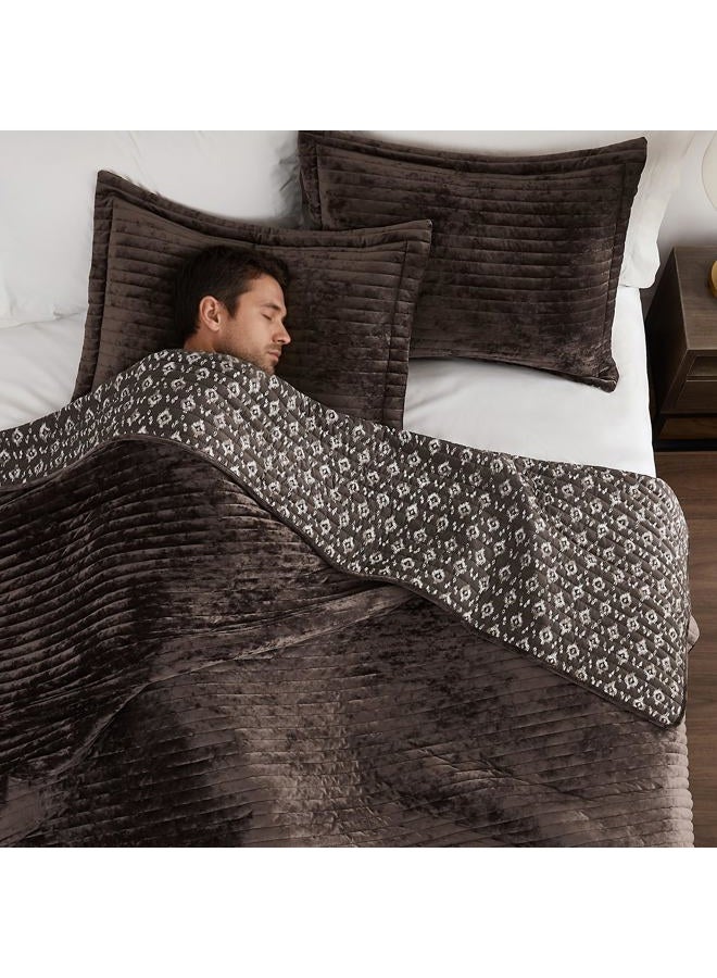 WDCOZY Velvet Queen Size Quilt Set - Chocolate Striped Soft Lightweight Bedspread, Dark Brown Neutral Channel Farmhouse Country Rustic Coverlet, Coffee Modern Bedding Warm Thin Comforter, 3 Pieces - Image 3