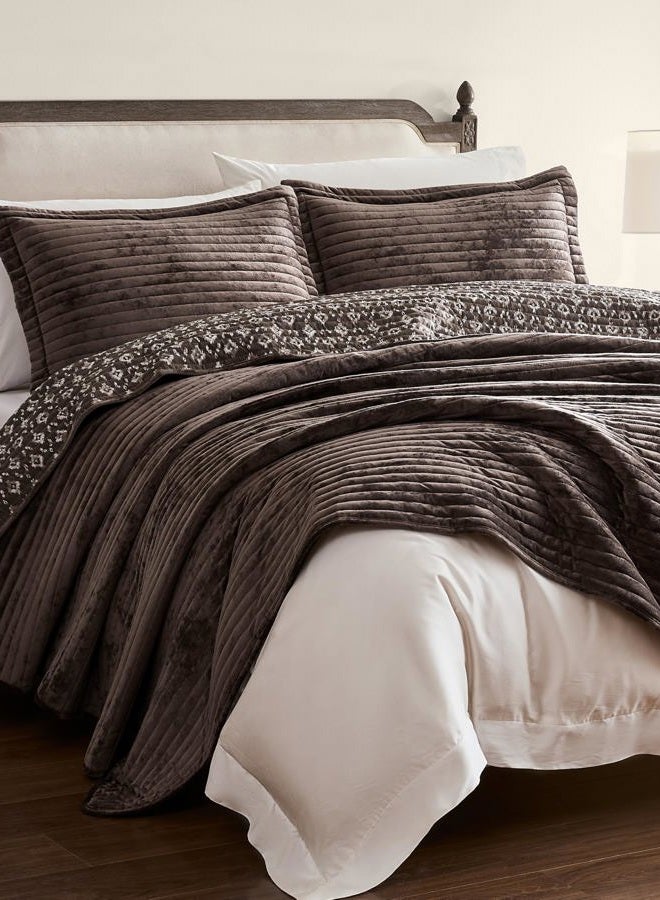 WDCOZY Velvet Queen Size Quilt Set - Chocolate Striped Soft Lightweight Bedspread, Dark Brown Neutral Channel Farmhouse Country Rustic Coverlet, Coffee Modern Bedding Warm Thin Comforter, 3 Pieces - Image 2