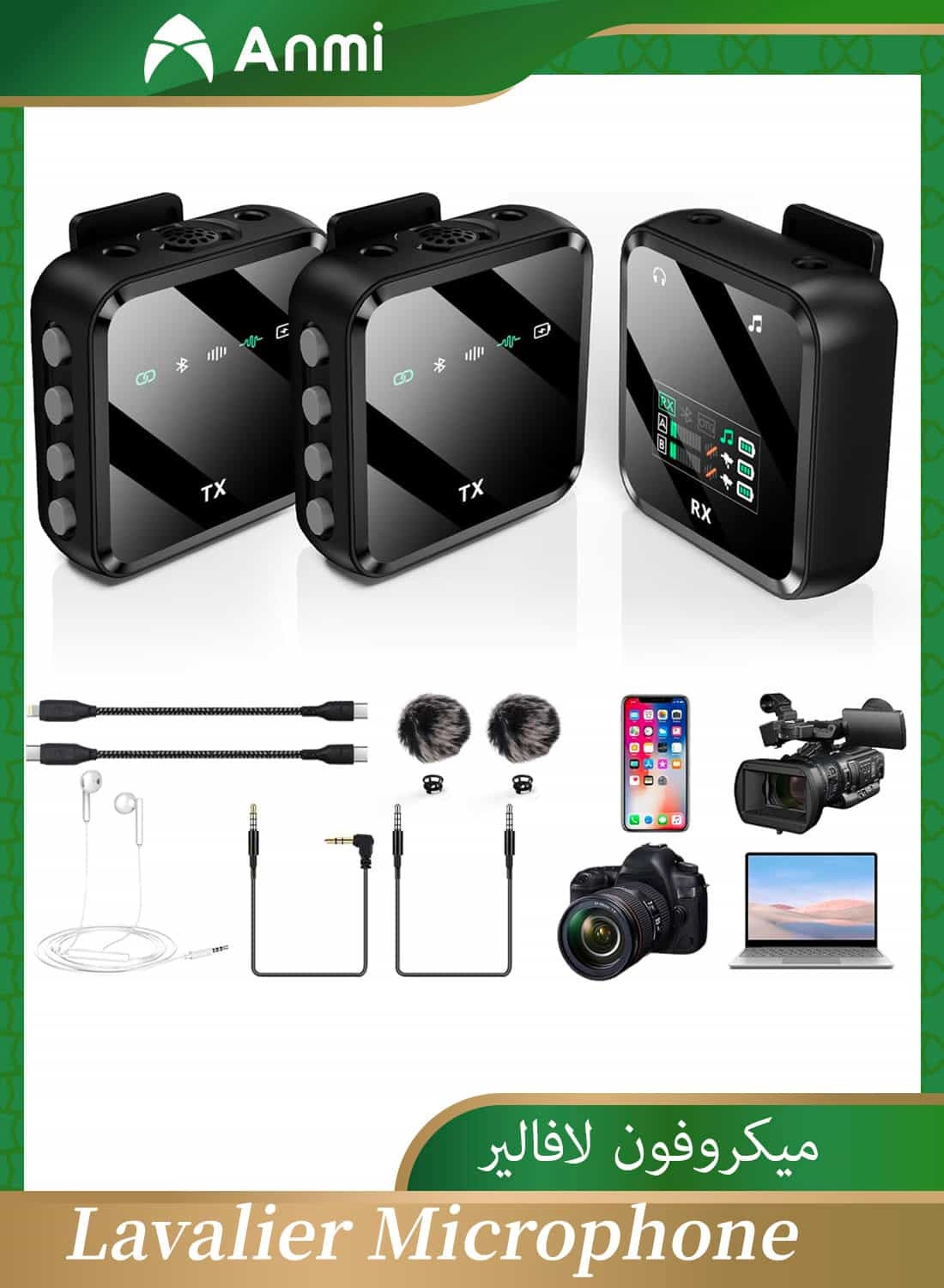 Wireless Lavalier Microphone, 2TX+1RX, 2.4G, For iPhone/Android, Professional Recording Mini Microphone for Interview YouTube Facebook Live-stream