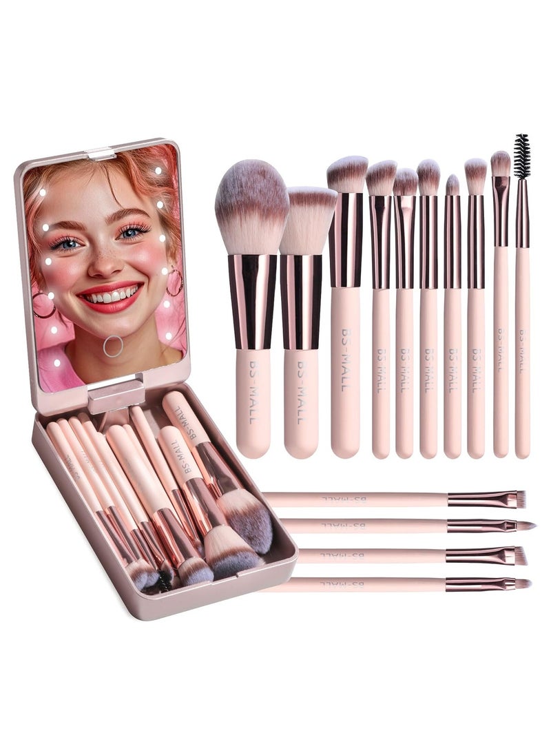 BS Mall BS-MALL Travel Makeup Brush Set Foundation Powder Concealers Eye Shadows Makeup Set with LED Light Mirror 14 Pcs Mini Makeup Brushes Pink  - Image 1