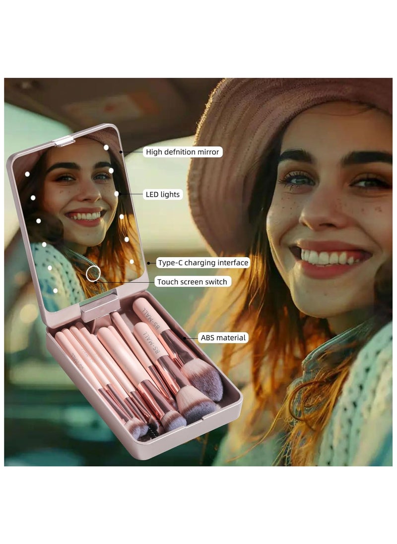 BS Mall BS-MALL Travel Makeup Brush Set Foundation Powder Concealers Eye Shadows Makeup Set with LED Light Mirror 14 Pcs Mini Makeup Brushes Pink  - Image 4