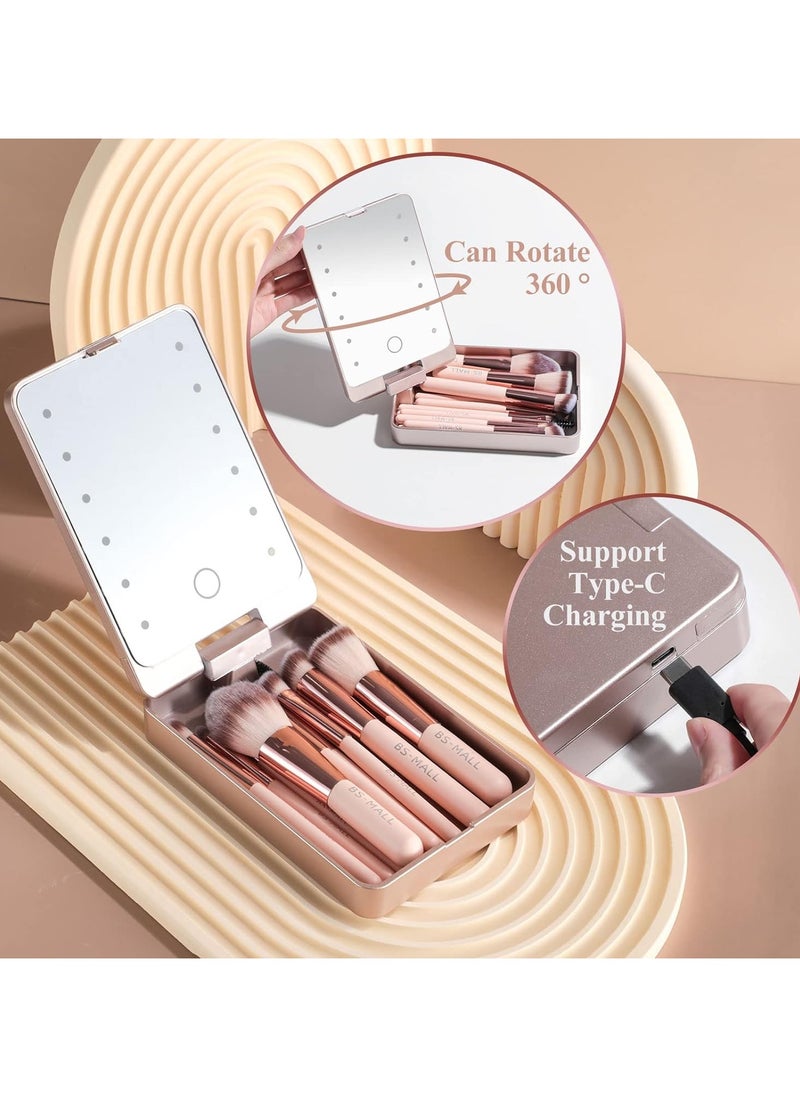 BS Mall BS-MALL Travel Makeup Brush Set Foundation Powder Concealers Eye Shadows Makeup Set with LED Light Mirror 14 Pcs Mini Makeup Brushes Pink  - Image 2