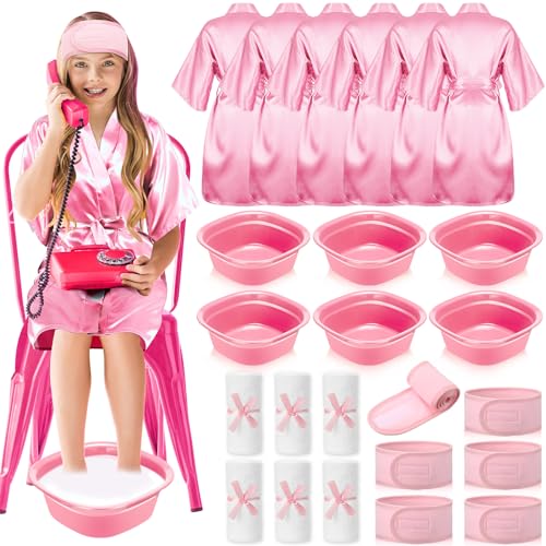 Bunnycool 24 Pcs Kids Spa Party Supplies Includes 6 Spa Party Robes 6 Basins 6 Makeup Headband 6 Towels for Sleepover Bath Pink - Image 1