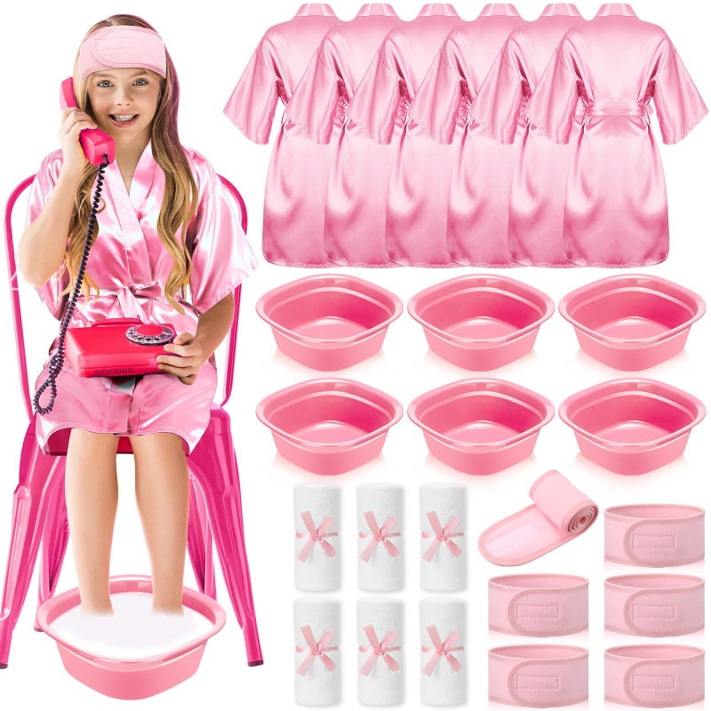 Bunnycool 24 Pcs Kids Spa Party Supplies Includes 6 Spa Party Robes 6 Basins 6 Makeup Headband 6 Towels for Sleepover Bath Pink - Image 2