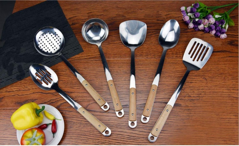 HEXONIQ® Stainless Steel Kitchen Utensil Set, Plain Spatula with Long Heat Resistant Wood Handle, 34.5 x 9cm - Image 3