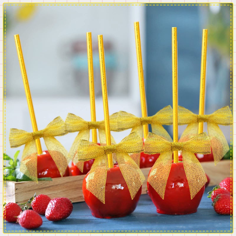 Jutom 200 عصي كعكة بوب وعبوات لتزيين كعكات بوب والحلويات واللولي بوب والشوكولاتة والبسكويت تشمل 100 رباط ساتان و100 مصاصة ورقية مخططة لوازم الحفلات (ذهبي) - Image 3