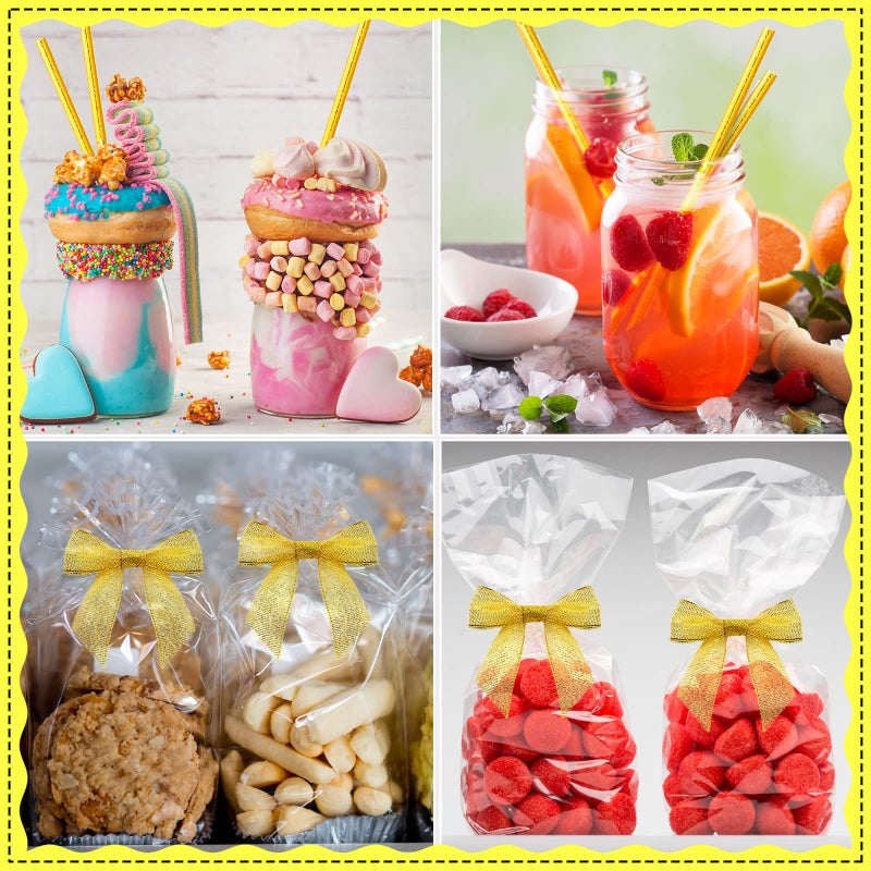 Jutom 200 عصي كعكة بوب وعبوات لتزيين كعكات بوب والحلويات واللولي بوب والشوكولاتة والبسكويت تشمل 100 رباط ساتان و100 مصاصة ورقية مخططة لوازم الحفلات (ذهبي) - Image 5