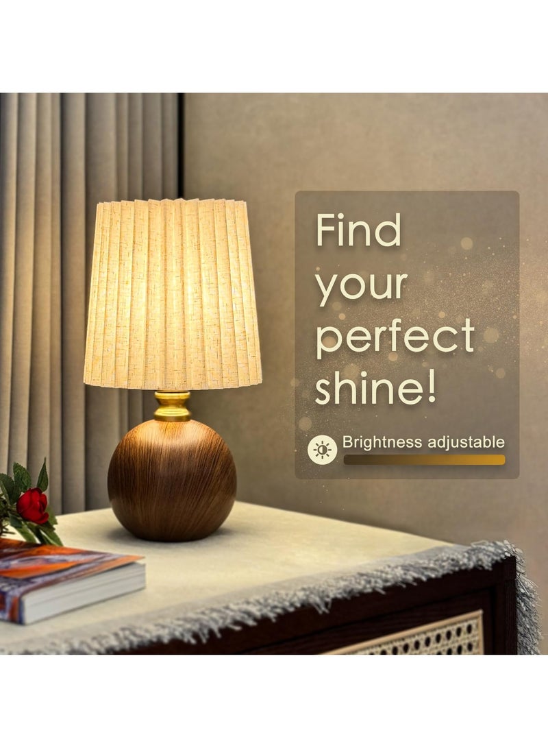 Bolivia's Small Pleated Table Lamp for Bedroom, Bedside Lamp for Nightstand, Dimmable Desk Lamp Ceramic Wood Grain Base Round Flaxen Fabric Shade for Living Room, Kids Room,LED Bulb Included - Image 3
