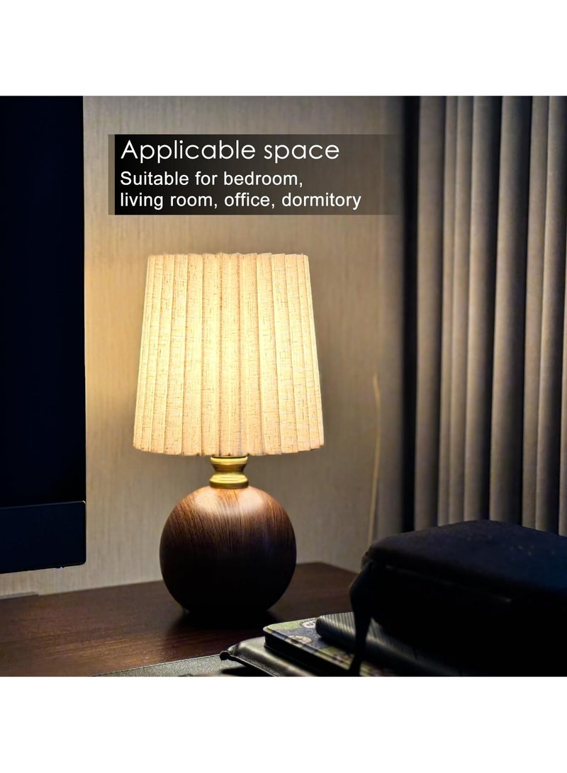 Bolivia's Small Pleated Table Lamp for Bedroom, Bedside Lamp for Nightstand, Dimmable Desk Lamp Ceramic Wood Grain Base Round Flaxen Fabric Shade for Living Room, Kids Room,LED Bulb Included - Image 4