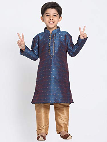 JBN Creation Boys' Persian Blue and Rose Gold Silk Blend Kurta and Pyjama Set_VASBK023BUnPRG_34 - Image 2