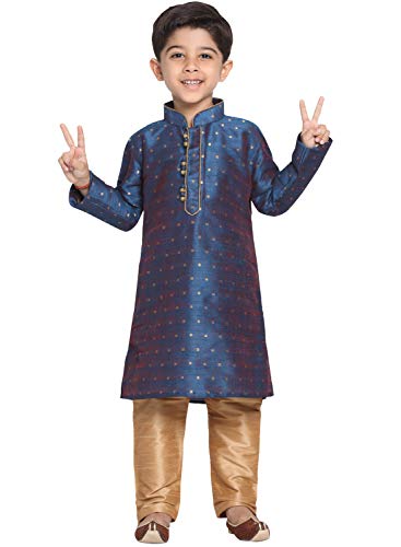 JBN Creation Boys' Persian Blue and Rose Gold Silk Blend Kurta and Pyjama Set_VASBK023BUnPRG_34 - Image 1