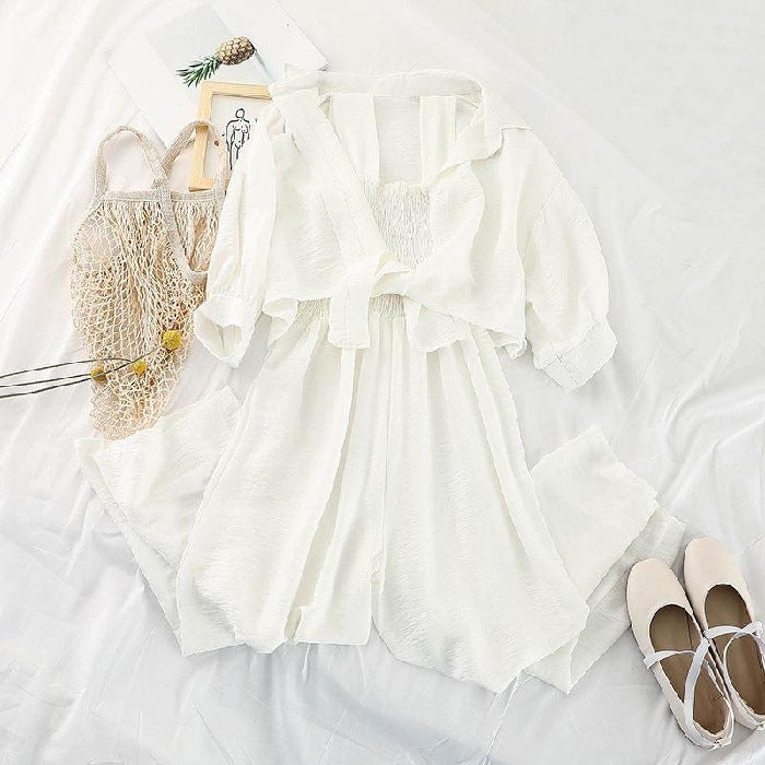 Korean style jumpsuit fashion suit womens new summer coat sun protection clothing loose sling jumpsuit two-piece suit fashion Yellow  - Image 2