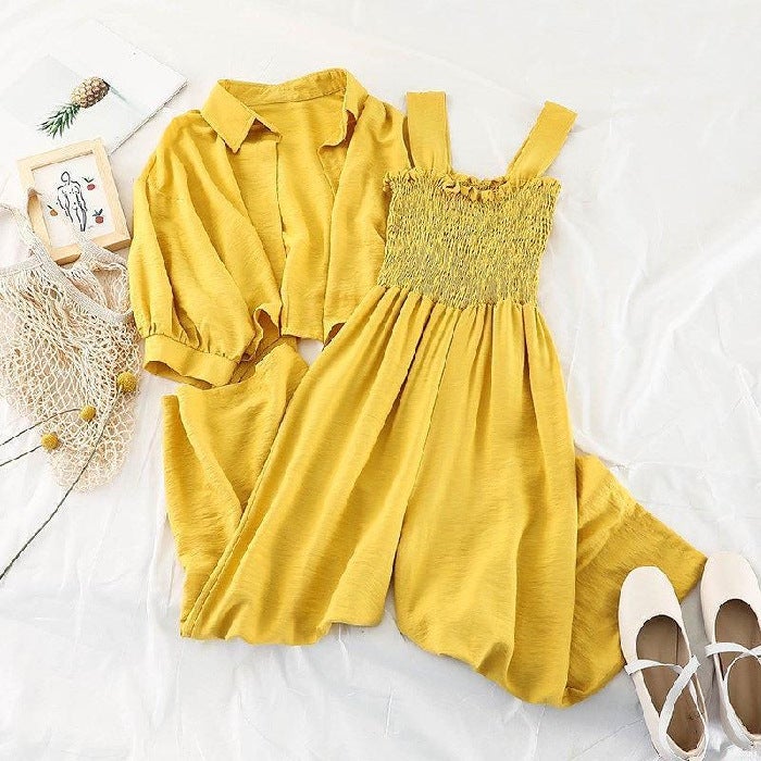 Korean style jumpsuit fashion suit womens new summer coat sun protection clothing loose sling jumpsuit two-piece suit fashion Yellow  - Image 1
