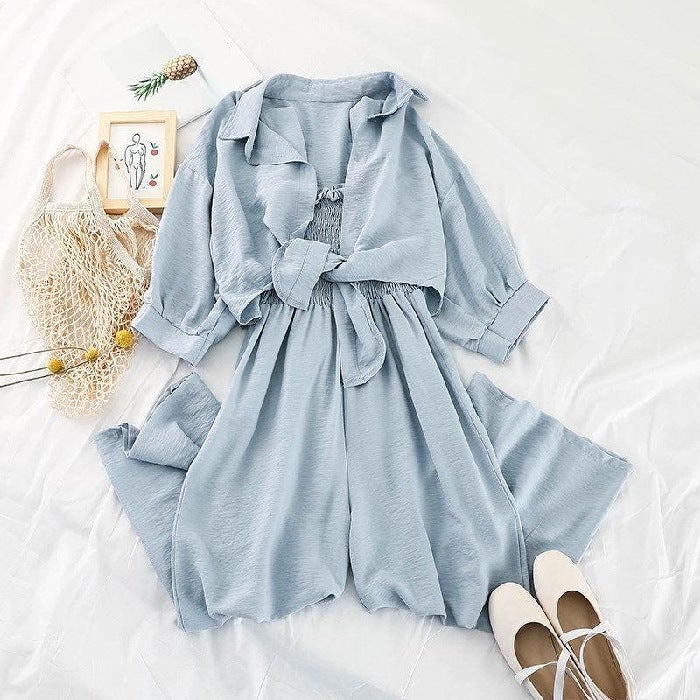 Korean style jumpsuit fashion suit womens new summer coat sun protection clothing loose sling jumpsuit two-piece suit fashion Yellow  - Image 4
