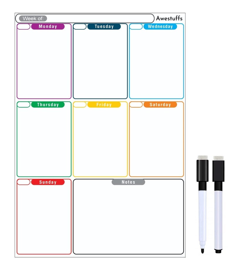 Awestuffs Magnetic Whiteboard Sheet for Fridge/Office/Metal Wardrobe - Stain Resistant Dry Erase Flexible Writing Whiteboard Sheet with 2 Marker Pens (Weekly Planner [31 x 23 cm] (Medium)) - Image 1
