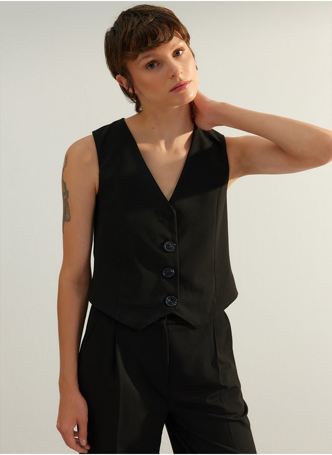 trendyol Black Premium Woven Vest with Buttons TWOAW24YE00061  - Image 3