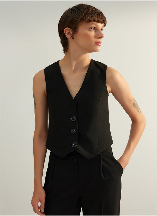trendyol Black Premium Woven Vest with Buttons TWOAW24YE00061  - Image 2