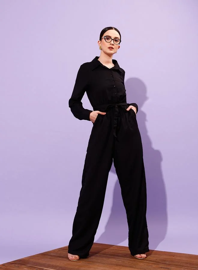 STREET 9 STREET 9 Spread Collar Long Sleeve Waist Tie-Up Jumpsuit