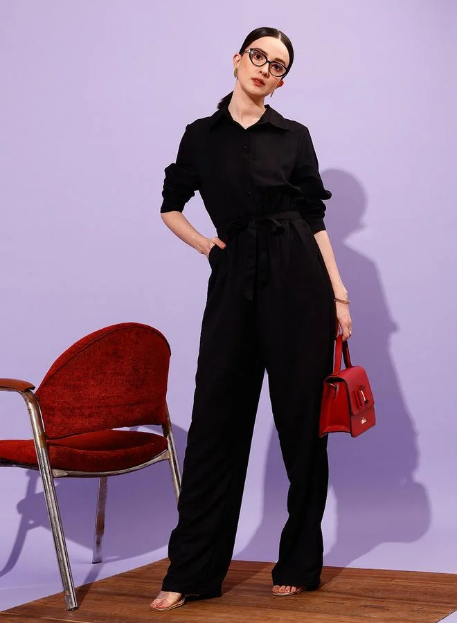 STREET 9 STREET 9 Spread Collar Long Sleeve Waist Tie-Up Jumpsuit
