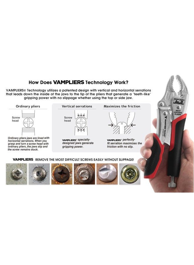 VAMPLIERS 7.5" Vise Grip Heavy Duty Locking Pliers with Screw Extractor Curved Jaws. Professional Grade. Secure Hold, Quick Release. Grip & Remove Stripped/Stuck Screws in seconds. - Image 3