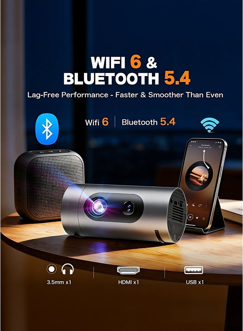 جهاز عرض (بروجيكتور) ذكي صغير بدقة 4K و1080P، يدعم Wi-Fi 6 وBluetooth 5.4، سينما منزلية محمولة بقوة 200 لومن (ISO) وتطبيقات مدمجة، منافذ HDMI/USB، وميزة انعكاس الشاشة مع صوت Dolby؛ مناسب لغرفة النوم والمكتب والاستخدام الخارجي. - Image 2