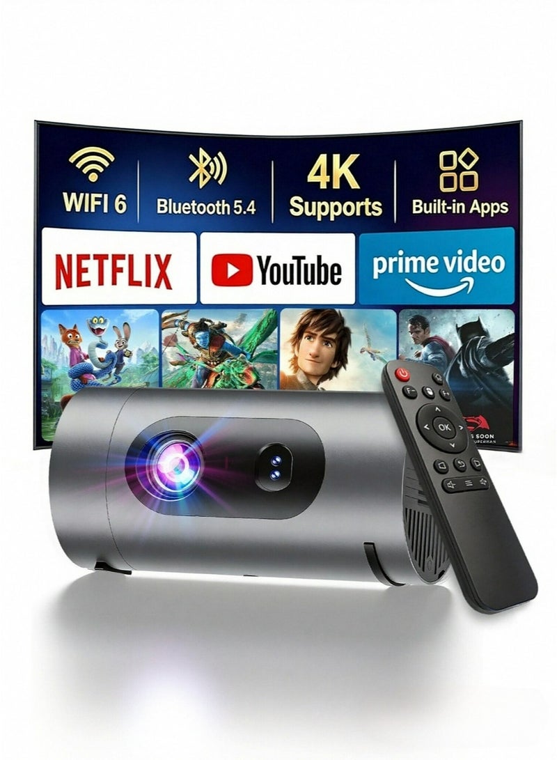جهاز عرض (بروجيكتور) ذكي صغير بدقة 4K و1080P، يدعم Wi-Fi 6 وBluetooth 5.4، سينما منزلية محمولة بقوة 200 لومن (ISO) وتطبيقات مدمجة، منافذ HDMI/USB، وميزة انعكاس الشاشة مع صوت Dolby؛ مناسب لغرفة النوم والمكتب والاستخدام الخارجي. - Image 1