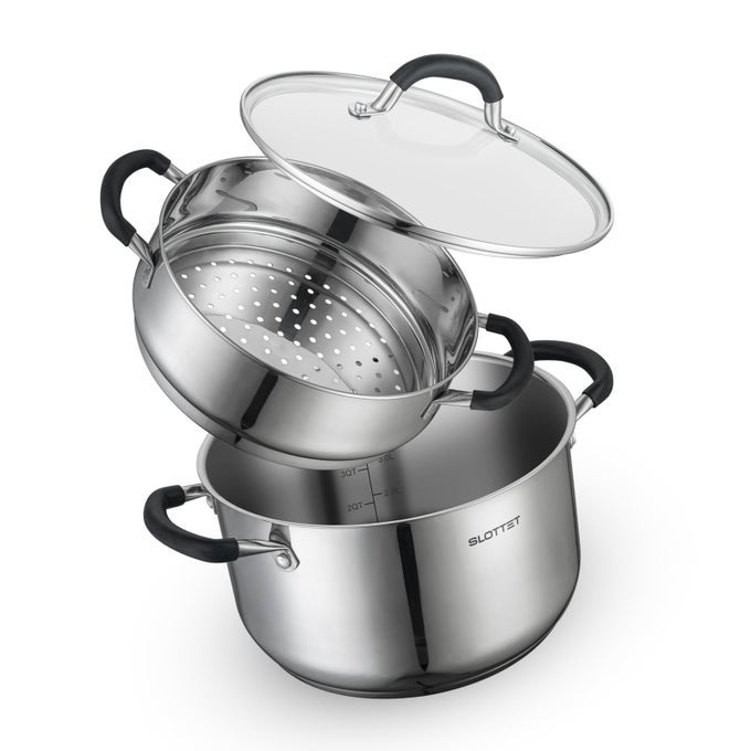 6 QUART STAINLESS STEEL STOCK POT WITH STEAMER6 QT MULTIPURPOSE STOCKPOT WITH STAYCOOL SILICONE HANDLE AND GLASS LIDSOUP POT FOR COOKING