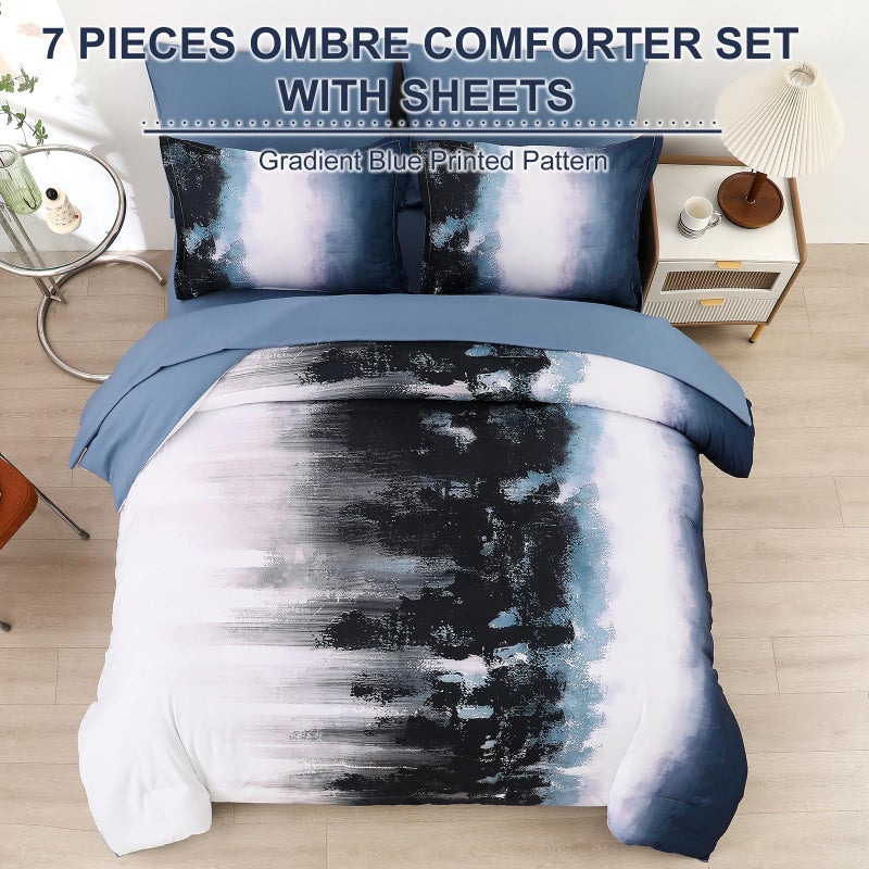 Dinjoy Ombre Blue Comforter Set King Size Gradient Navy Blue Black Boho Bedding Set for Teen Men Women 7 Pieces Bed in A Bag Bohemian Bed Set with Comforter, Sheets, Pillowcases & Shams - Image 3
