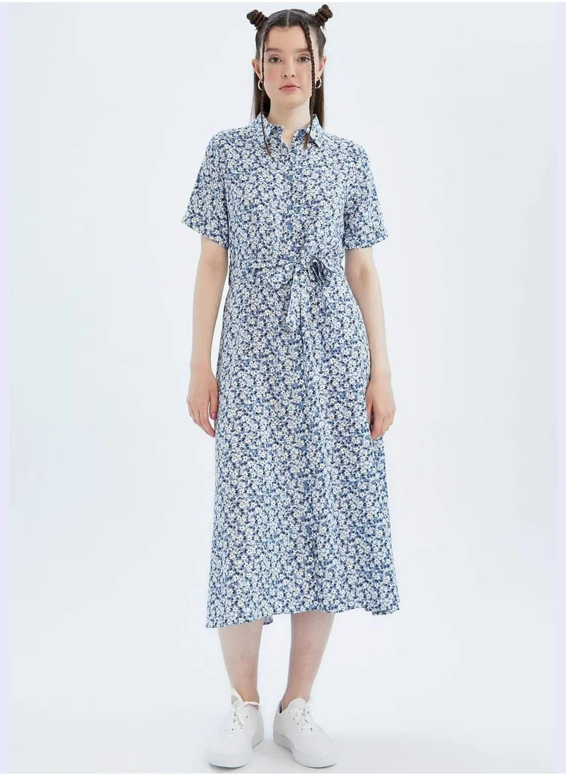 DeFacto Shirt Collar Short Sleeve Floral Print Maxi Dress