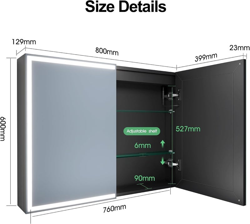 Bathroom Mirror Cabinet with Lighting, 60 x 80 cm, Bathroom Mirror Cabinet, Aluminium Alibert Cabinet, Bathroom, Demogging, 3 Colours, Dimmable, Memory Function, HD Tempered Glass, IP44, Black - Image 2