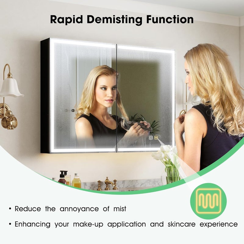 Bathroom Mirror Cabinet with Lighting, 60 x 80 cm, Bathroom Mirror Cabinet, Aluminium Alibert Cabinet, Bathroom, Demogging, 3 Colours, Dimmable, Memory Function, HD Tempered Glass, IP44, Black - Image 5
