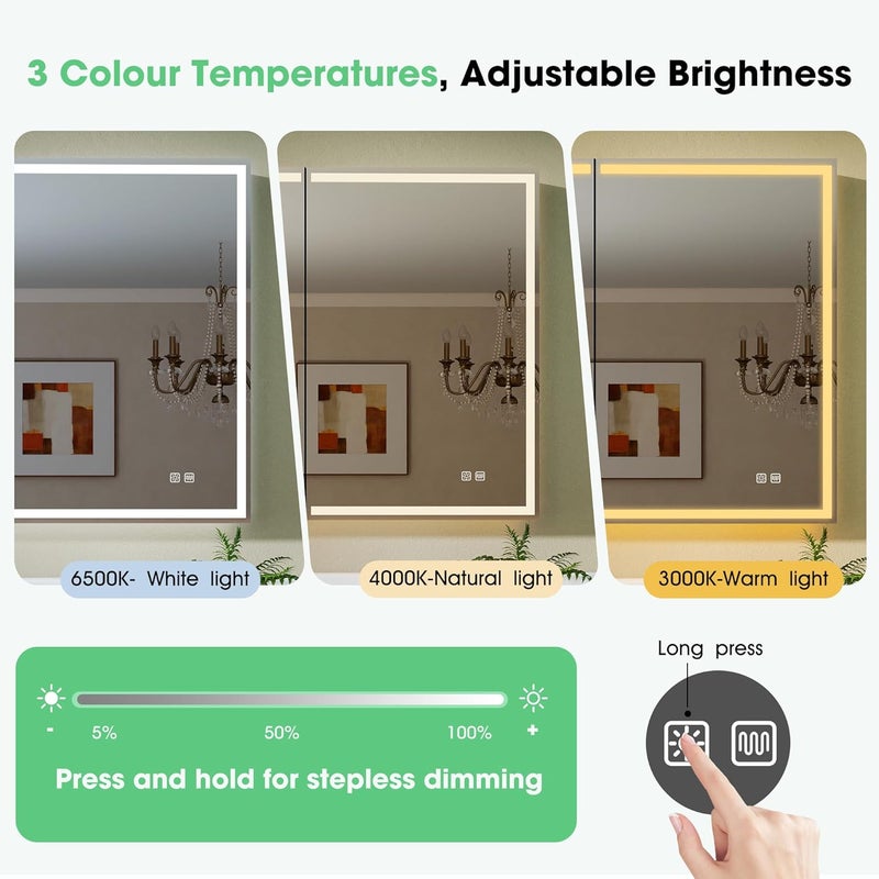 Bathroom Mirror Cabinet with Lighting, 60 x 80 cm, Bathroom Mirror Cabinet, Aluminium Alibert Cabinet, Bathroom, Demogging, 3 Colours, Dimmable, Memory Function, HD Tempered Glass, IP44, Black - Image 4