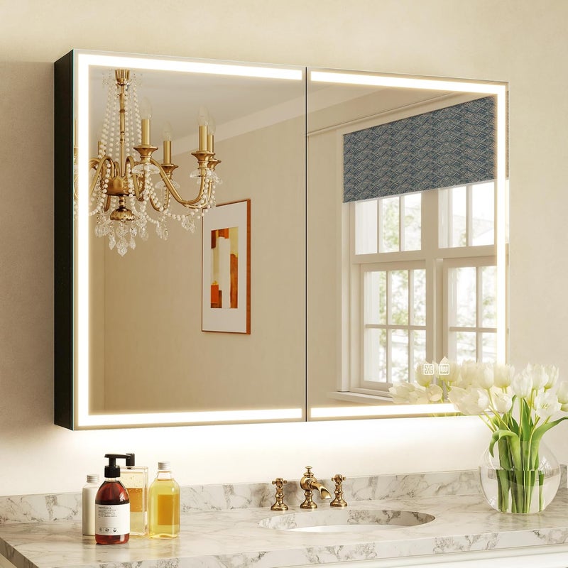 Bathroom Mirror Cabinet with Lighting, 60 x 80 cm, Bathroom Mirror Cabinet, Aluminium Alibert Cabinet, Bathroom, Demogging, 3 Colours, Dimmable, Memory Function, HD Tempered Glass, IP44, Black - Image 1