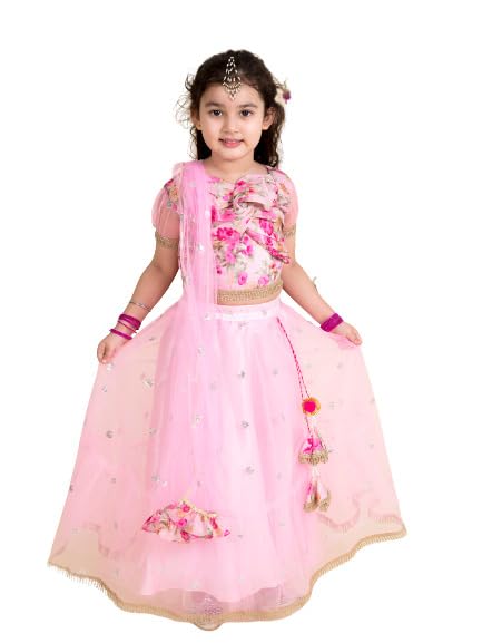 Pspeaches Girl's Pink Orange Embellished Polyester Readymade Lehenga Choli Set (Pink-2-3Y) - Image 4