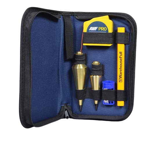 AWF PRO Plumb Bob Kit - 16 oz and 8 oz Solid Brass Plumb Bobs, 14 ft Retractable Line Reel with Magnetic Base, 2 Pencils, Pencil Sharpener, Carrying Case - Image 1