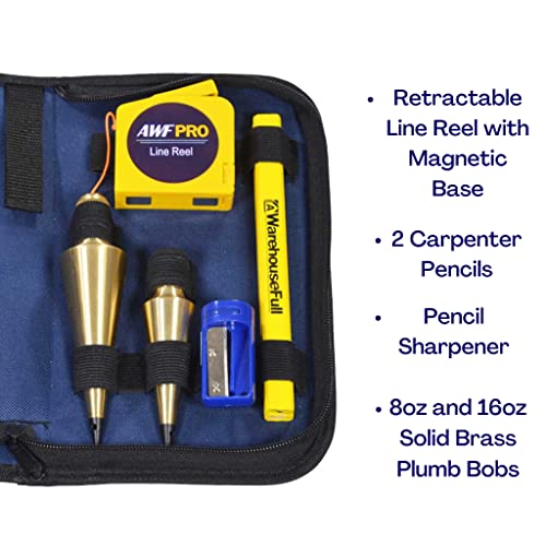 AWF PRO Plumb Bob Kit - 16 oz and 8 oz Solid Brass Plumb Bobs, 14 ft Retractable Line Reel with Magnetic Base, 2 Pencils, Pencil Sharpener, Carrying Case - Image 3