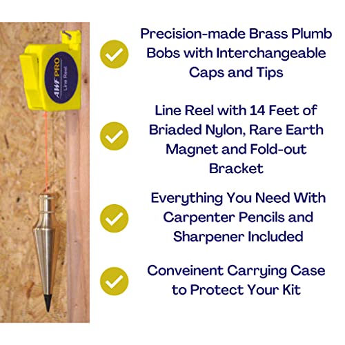 AWF PRO Plumb Bob Kit - 16 oz and 8 oz Solid Brass Plumb Bobs, 14 ft Retractable Line Reel with Magnetic Base, 2 Pencils, Pencil Sharpener, Carrying Case - Image 2