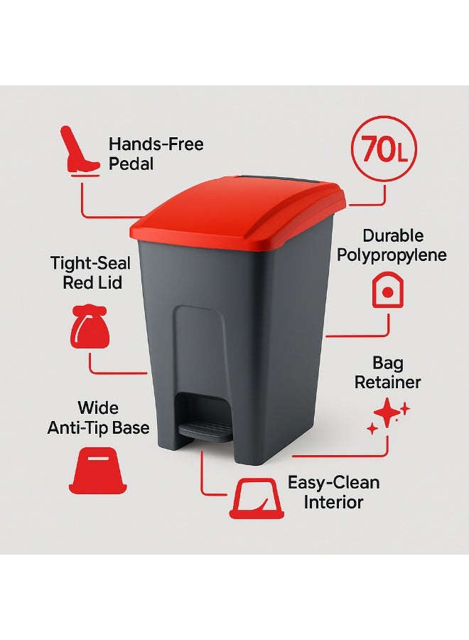 Planet 70 liter garbage container trash basket with foot pedal & handel hard plastic material used in schools hospital universities malls Red - Image 2