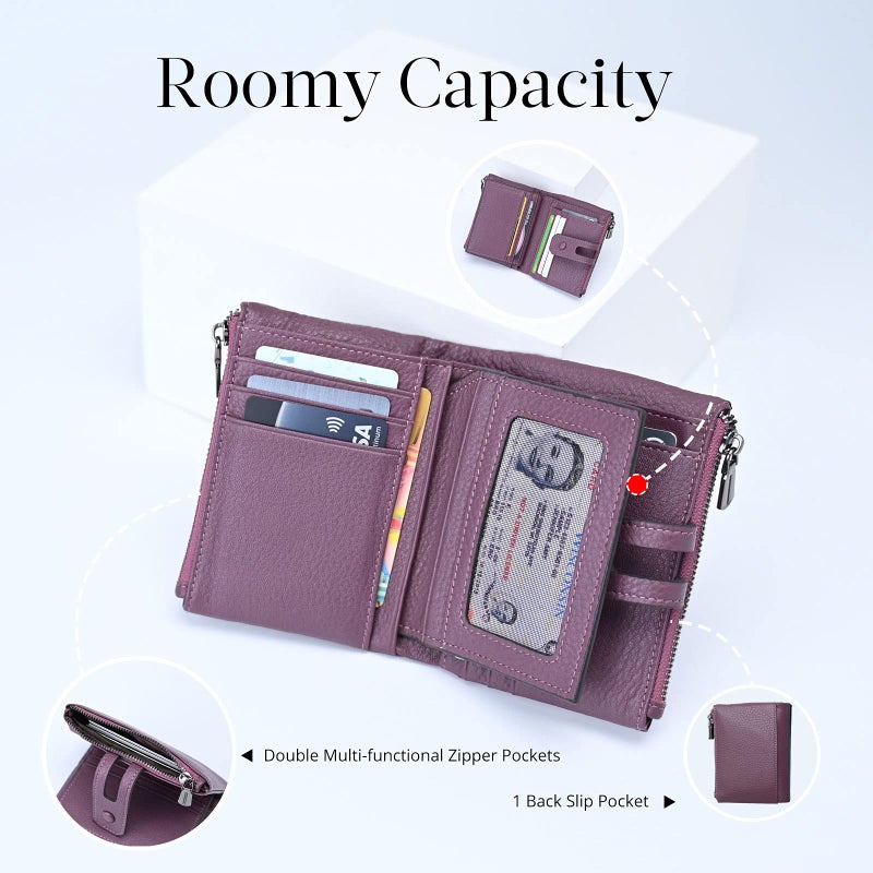 Bveyzi Small Soft Leather Wallet for Women RFID Blocking Ladies Card Holder with Double Zipper Pocket (Deep Plum) - Image 2
