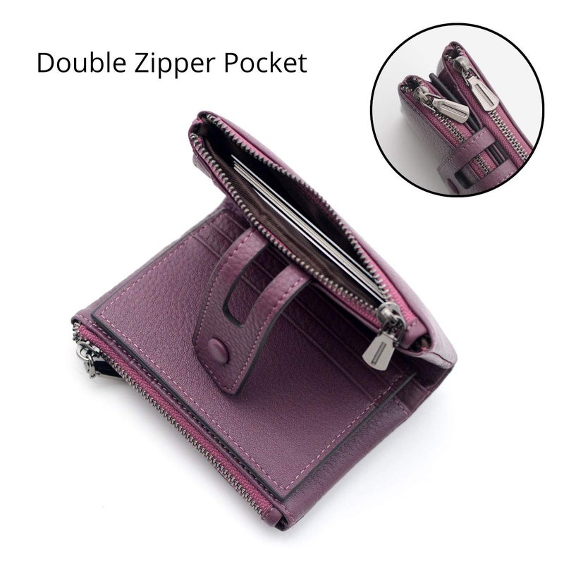 Bveyzi Small Soft Leather Wallet for Women RFID Blocking Ladies Card Holder with Double Zipper Pocket (Deep Plum) - Image 3